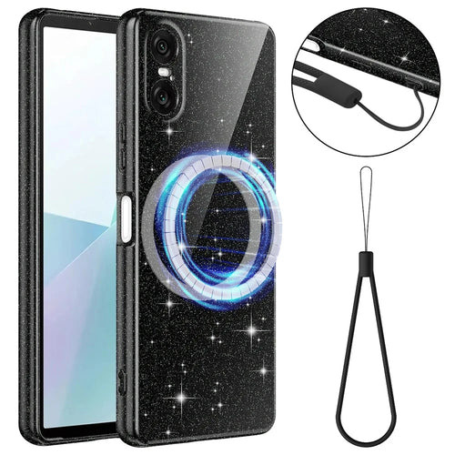 For Sony Xperia 10 VI Magnetic Case Glitter TPU Shockproof Phone Cover with Lanyard - Black - 1