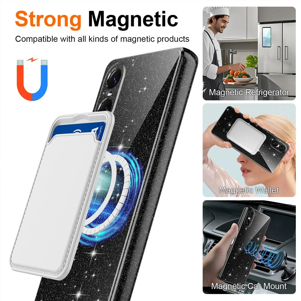 For Sony Xperia 10 VI Magnetic Case Glitter TPU Shockproof Phone Cover with Lanyard - Black - 2