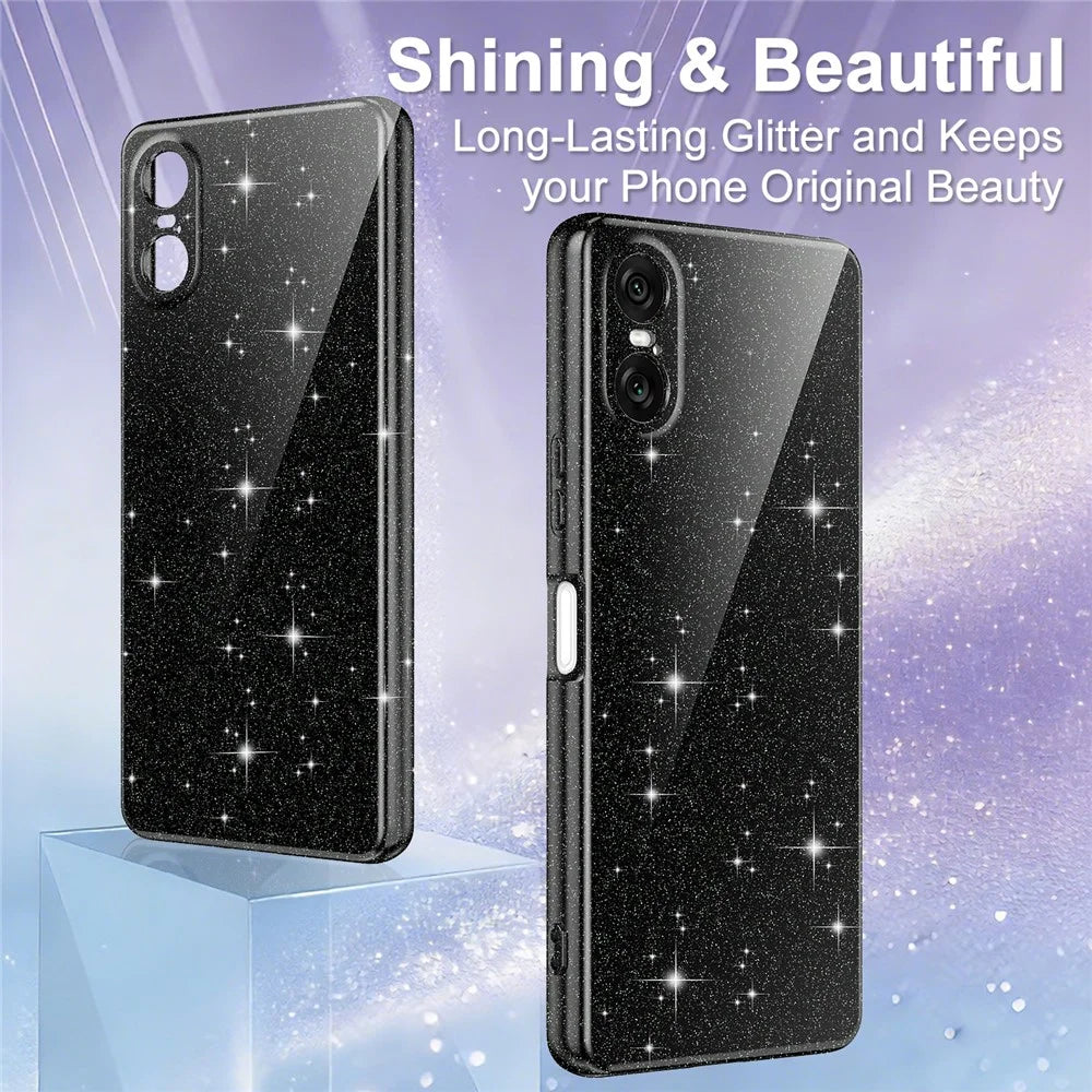 For Sony Xperia 10 VI Magnetic Case Glitter TPU Shockproof Phone Cover with Lanyard - Black - 5