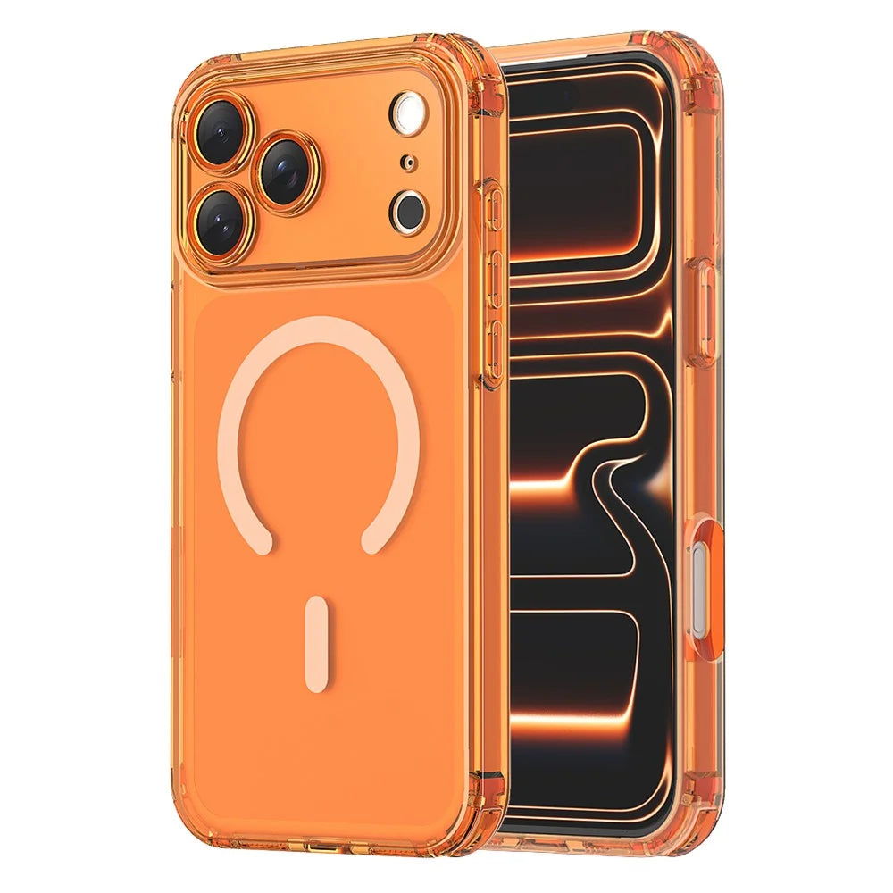 For iPhone 17 Pro Max Magnetic Case TPU Shockproof Clear Phone Cover with Removable Corner Pads Compatible with MagSafe - Transparent Orange - 2