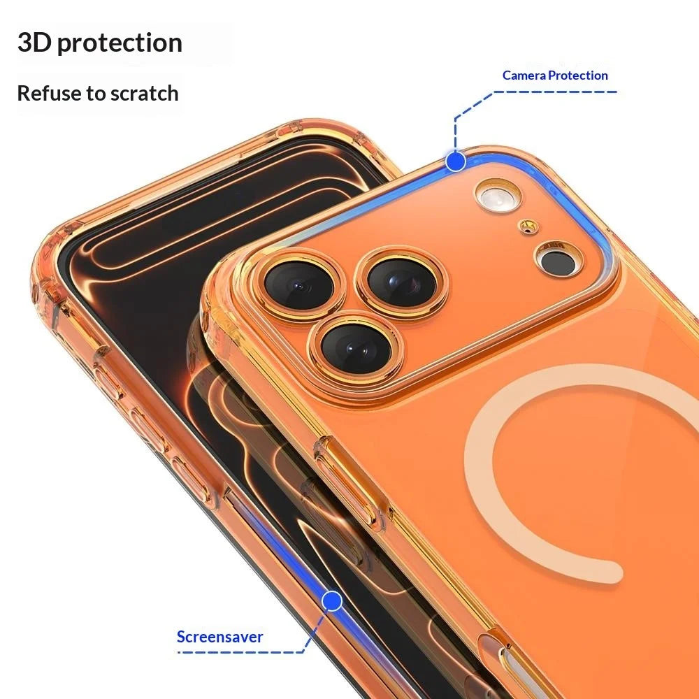 For iPhone 17 Pro Max Magnetic Case TPU Shockproof Clear Phone Cover with Removable Corner Pads Compatible with MagSafe - Transparent Orange - 7