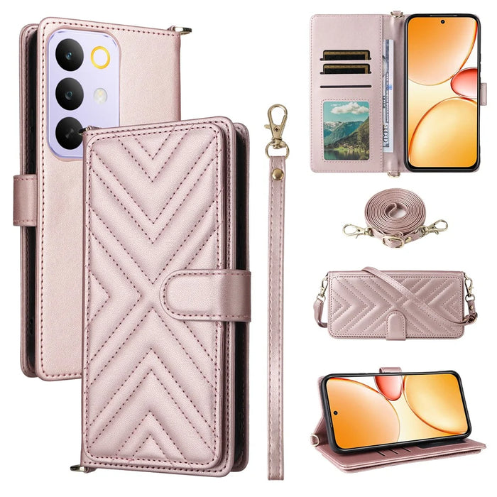 For Realme C85 Pro 4G Leather Case Stand Wallet Phone Cover with Shoulder  /  Wrist Strap - Pink - 1
