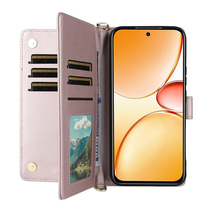 For Realme C85 Pro 4G Leather Case Stand Wallet Phone Cover with Shoulder  /  Wrist Strap - Pink - 2