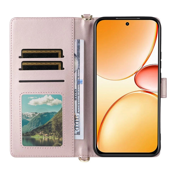 For Realme C85 Pro 4G Leather Case Stand Wallet Phone Cover with Shoulder  /  Wrist Strap - Pink - 4