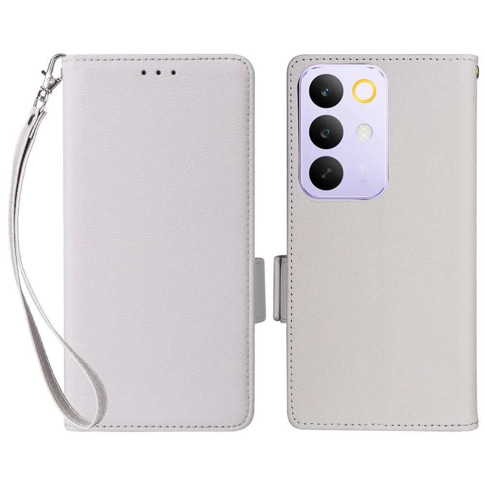 For Realme C85 Pro 4G Case Litchi Texture Wallet Leather Phone Cover with Wrist Strap - White - 1