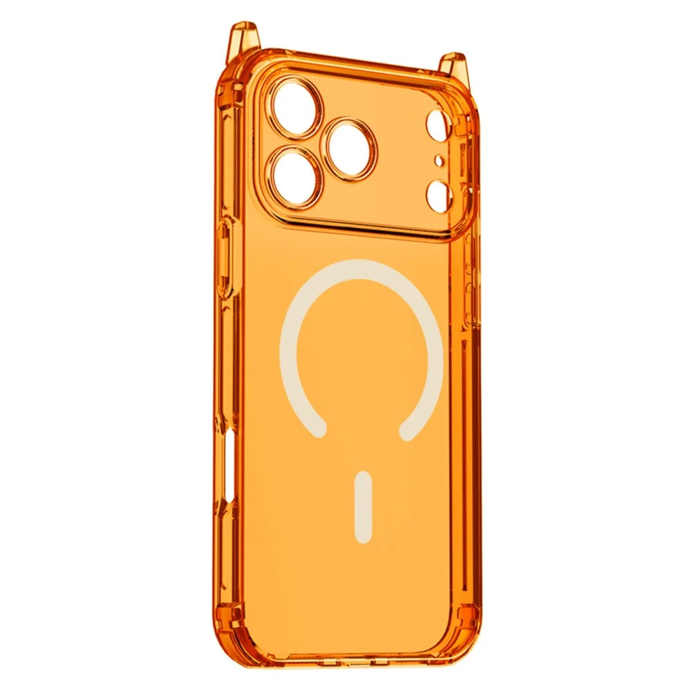 For iPhone 17 Pro Magnetic Case TPU Shockproof Clear Phone Cover with Removable Corner Pads Compatible with MagSafe - Transparent Orange - 1