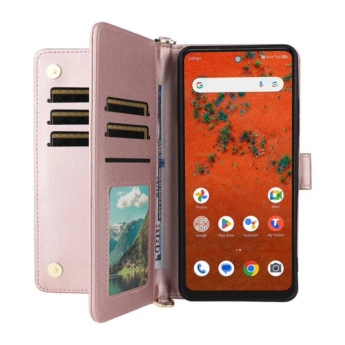 For ZTE Blade A75 Pro 5G / Telstra T-Elite 5G Leather Case Stand Wallet Phone Cover with Shoulder  /  Wrist Strap - Pink - 2