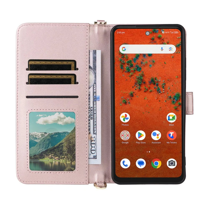 For ZTE Blade A75 Pro 5G / Telstra T-Elite 5G Leather Case Stand Wallet Phone Cover with Shoulder  /  Wrist Strap - Pink - 4