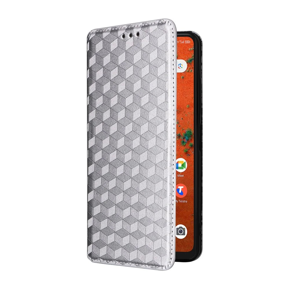 For ZTE Blade A75 Pro 5G / Telstra T-Elite 5G Case Wallet Rhombus Imprinted PU Leather Phone Cover - Silver - 7
