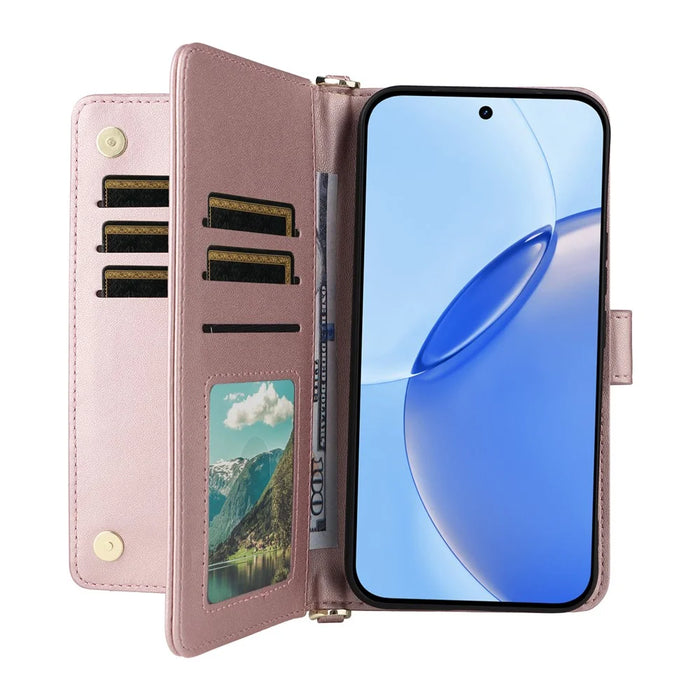 For Realme 16 Pro 5G Leather Case Stand Wallet Phone Cover with Shoulder / Wrist Strap - Pink - 2