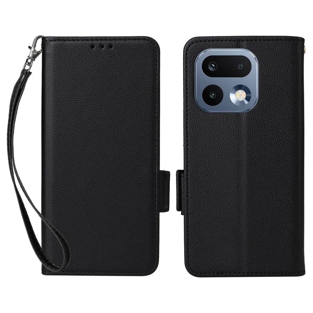 For Realme 16 Pro 5G Case Litchi Texture Wallet Leather Phone Cover with Wrist Strap - Black - 1