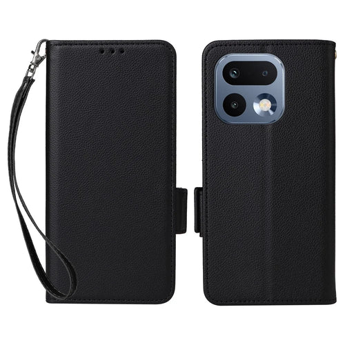 For Realme 16 Pro 5G Case Litchi Texture Wallet Leather Phone Cover with Wrist Strap - Black - 1