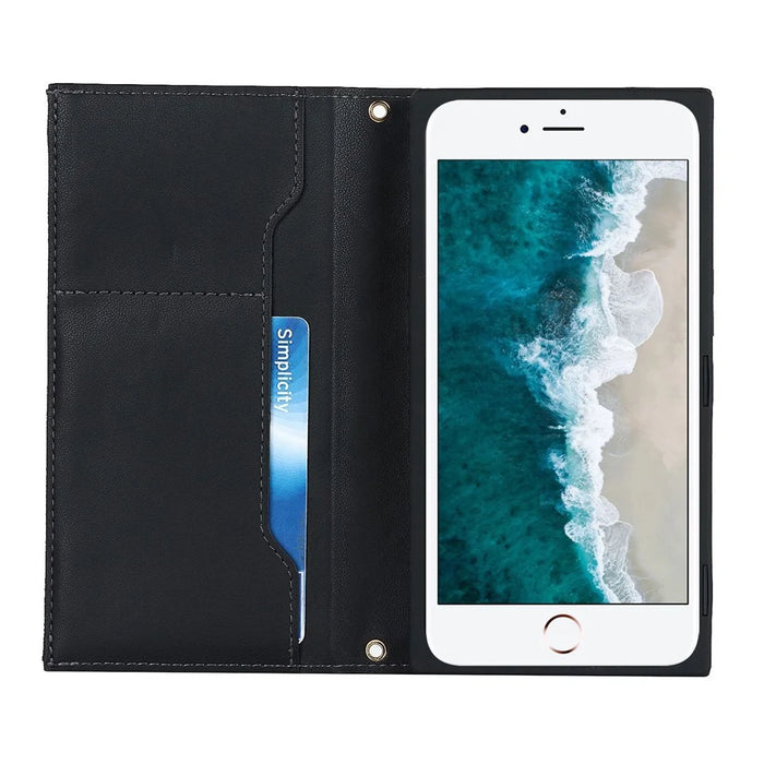 For iPhone 7 / 8 4.7 inch / SE (2020) / SE (2022) Rhombus Imprinted Phone Stand Case PU Leather Zipper Pocket Wallet Cover with Shoulder Strap - Black - 2
