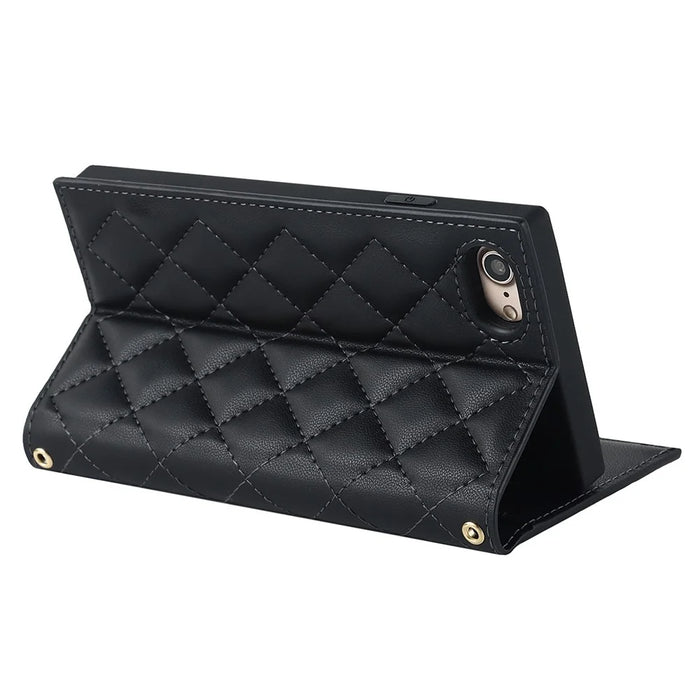 For iPhone 7 / 8 4.7 inch / SE (2020) / SE (2022) Rhombus Imprinted Phone Stand Case PU Leather Zipper Pocket Wallet Cover with Shoulder Strap - Black - 4