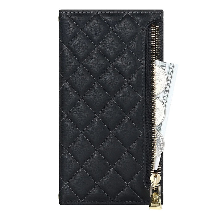 For iPhone 7 / 8 4.7 inch / SE (2020) / SE (2022) Rhombus Imprinted Phone Stand Case PU Leather Zipper Pocket Wallet Cover with Shoulder Strap - Black - 6