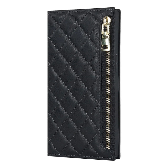For iPhone 7 / 8 4.7 inch / SE (2020) / SE (2022) Rhombus Imprinted Phone Stand Case PU Leather Zipper Pocket Wallet Cover with Shoulder Strap - Black - 7
