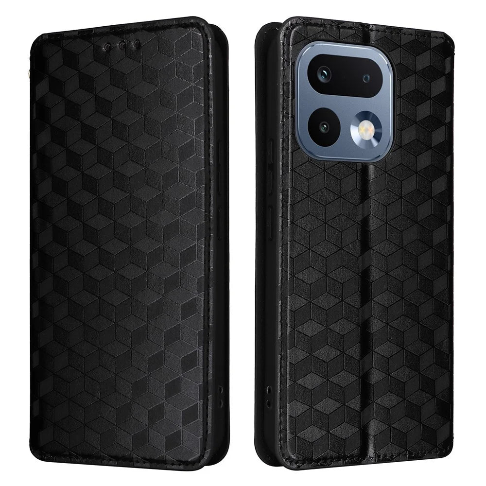 For Realme 16 Pro 5G Case Wallet Rhombus Imprinted PU Leather Phone Cover - Black - 1