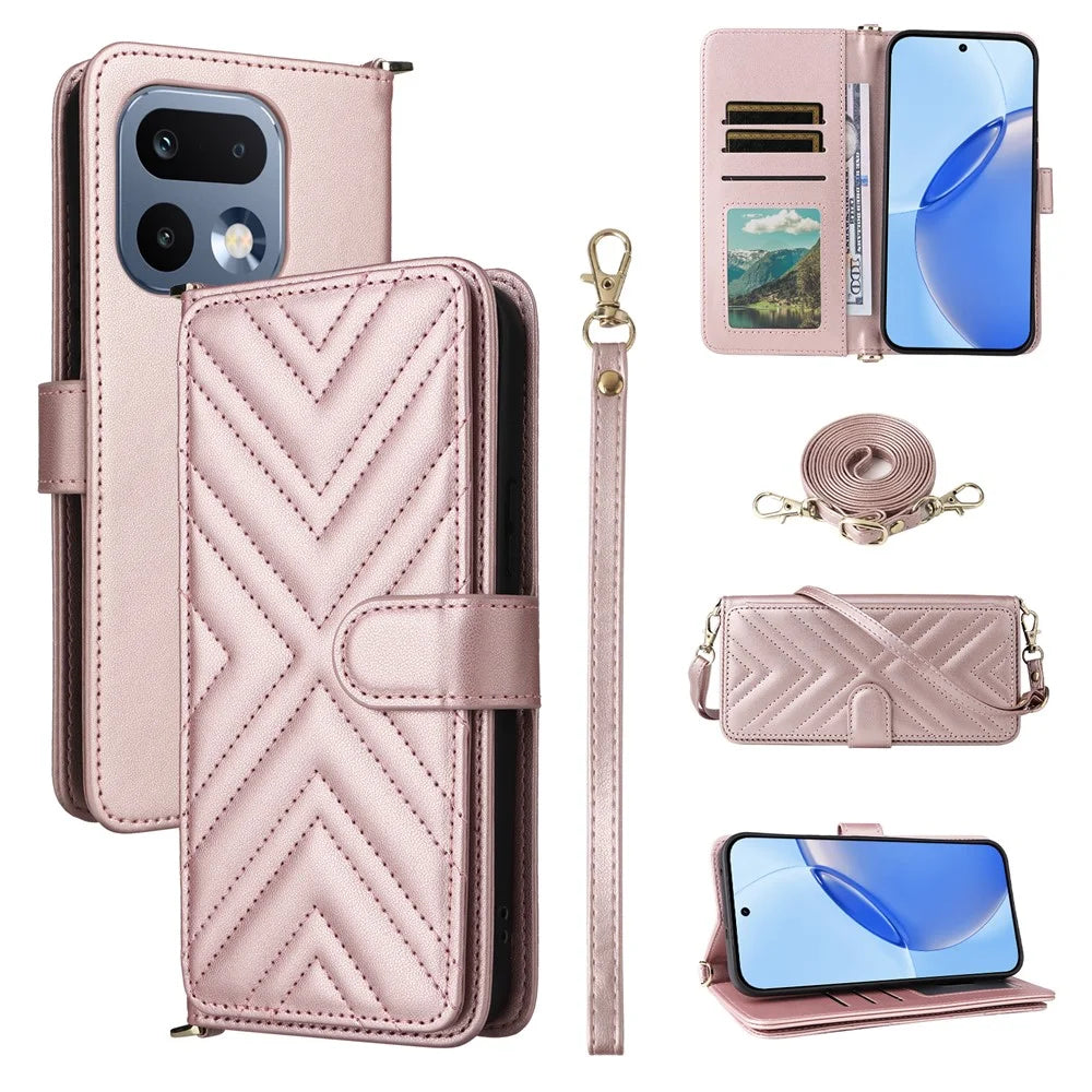For Realme 16 Pro+ 5G Leather Case Stand Wallet Phone Cover with Shoulder / Wrist Strap - Pink - 1
