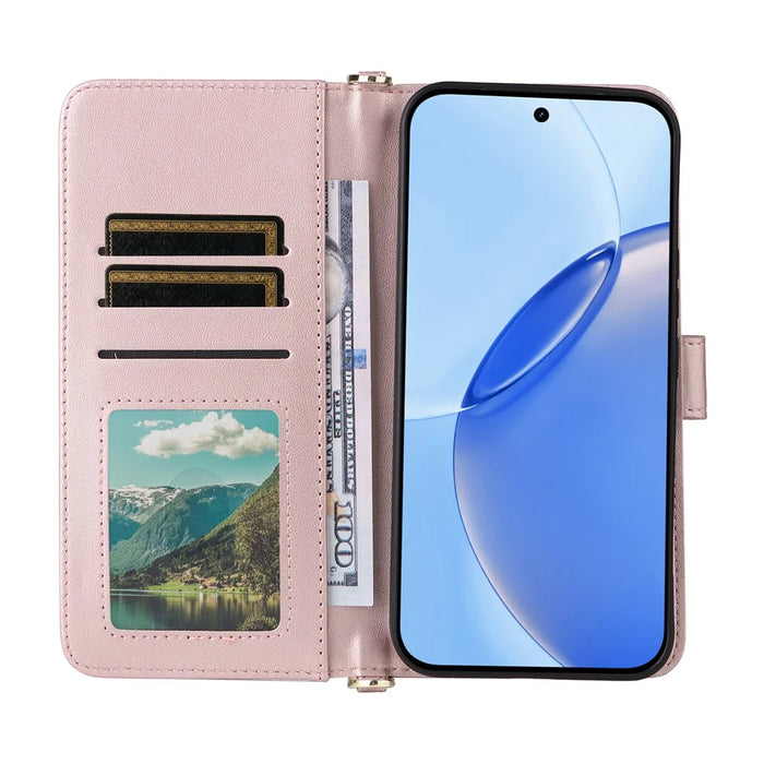 For Realme 16 Pro+ 5G Leather Case Stand Wallet Phone Cover with Shoulder / Wrist Strap - Pink - 3