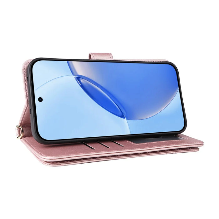 For Realme 16 Pro+ 5G Leather Case Stand Wallet Phone Cover with Shoulder / Wrist Strap - Pink - 5