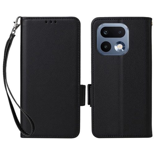 For Realme 16 Pro+ 5G Case Litchi Texture Wallet Leather Phone Cover with Wrist Strap - Black - 1