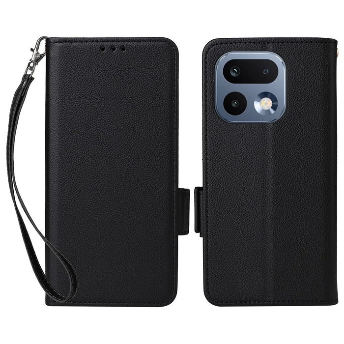 For Realme 16 Pro+ 5G Case Litchi Texture Wallet Leather Phone Cover with Wrist Strap - Black - 1