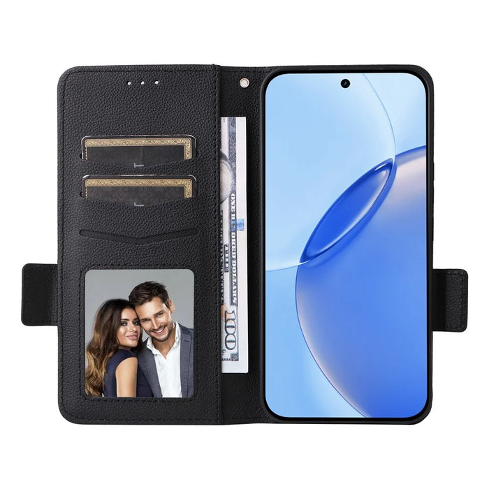 For Realme 16 Pro+ 5G Case Litchi Texture Wallet Leather Phone Cover with Wrist Strap - Black - 2