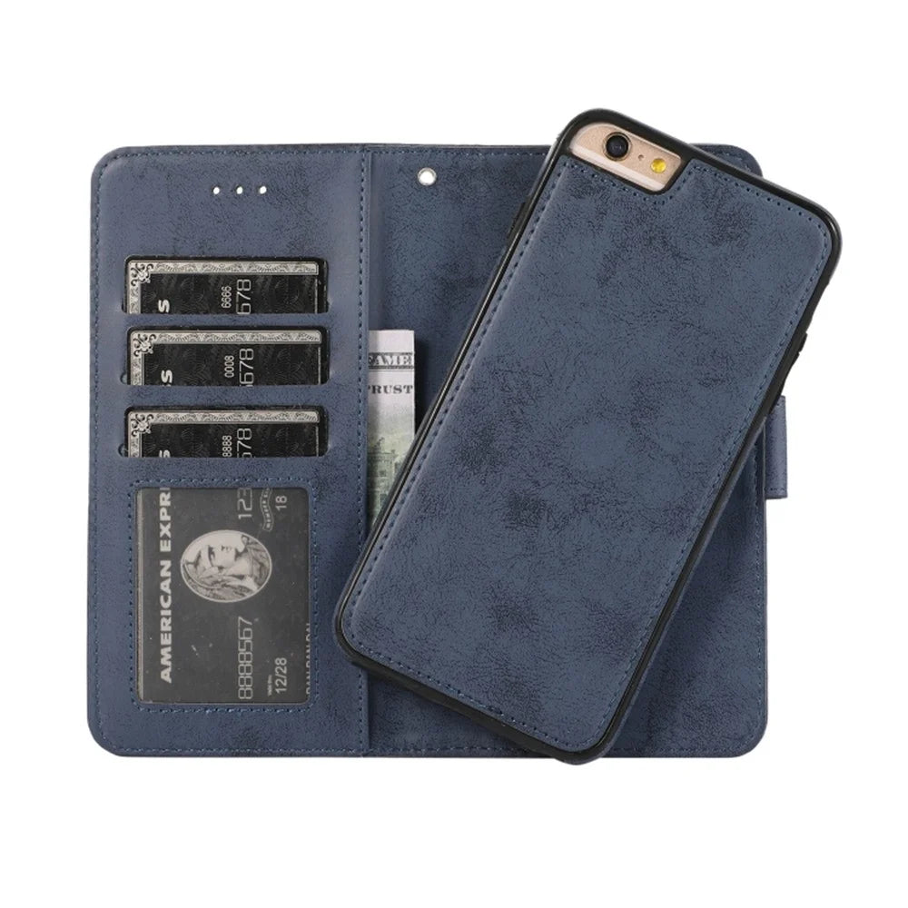 For iPhone 6 Plus  /  6s Plus Wallet Case Retro Matte Magnetic Detachable PU Leather TPU Phone Cover - Dark Blue - 2