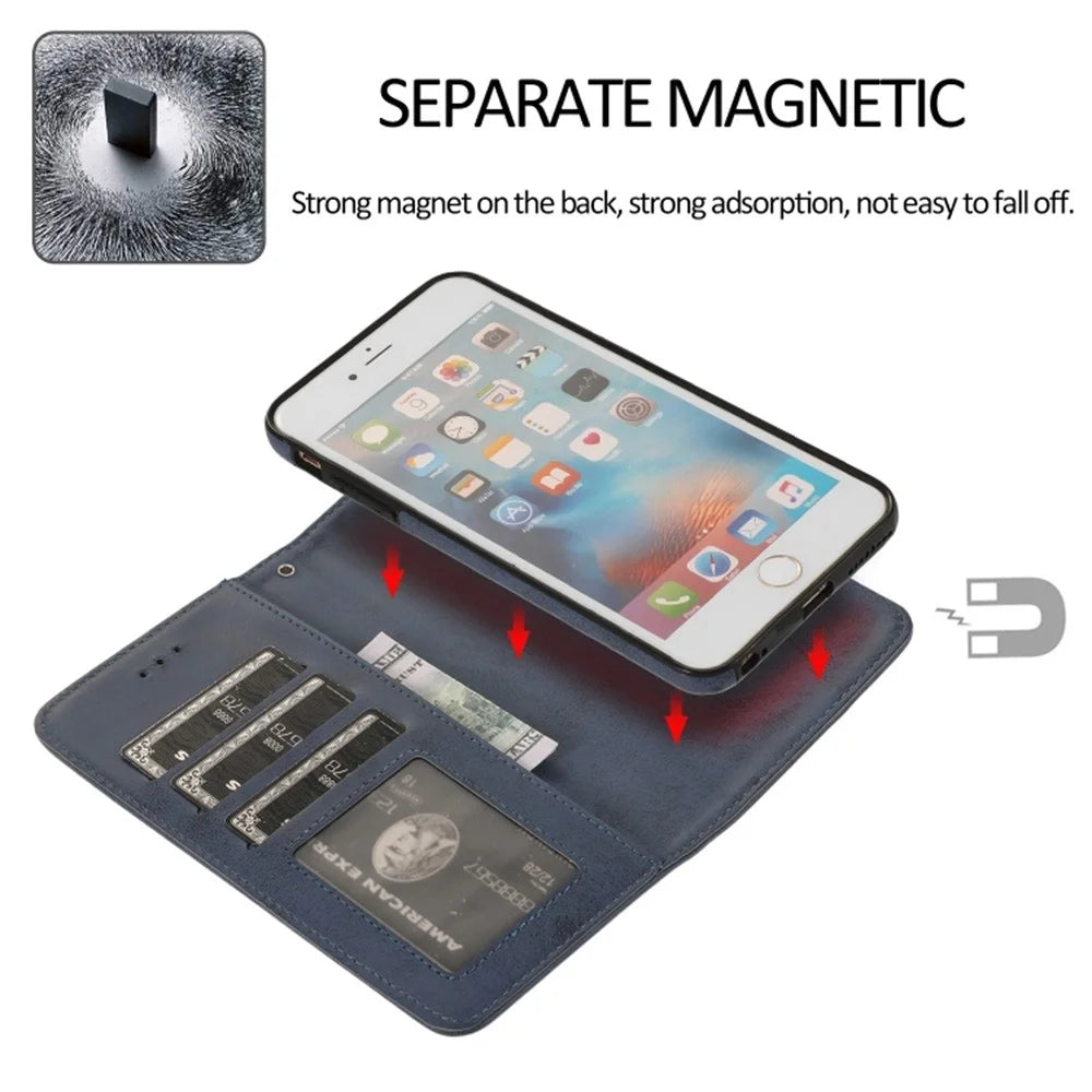 For iPhone 6 Plus  /  6s Plus Wallet Case Retro Matte Magnetic Detachable PU Leather TPU Phone Cover - Dark Blue - 3