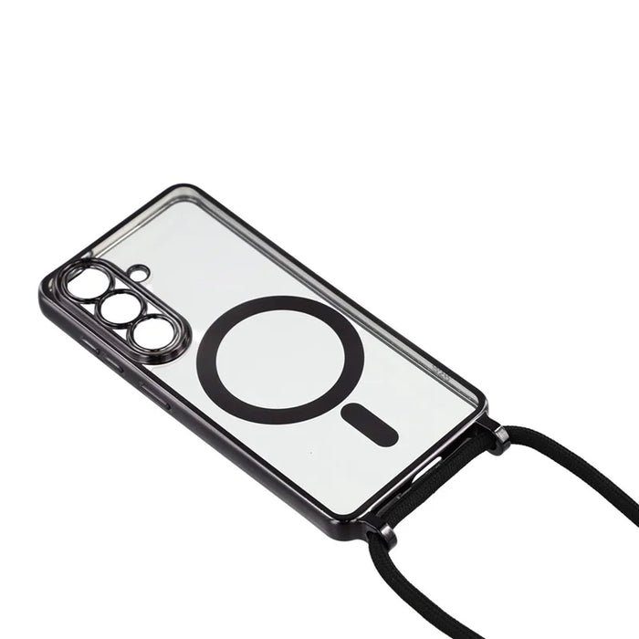 For Samsung Galaxy S26 Magnetic Case Electroplating Edge TPU Phone Cover with Screen Film / Shoulder Strap - Black - 3