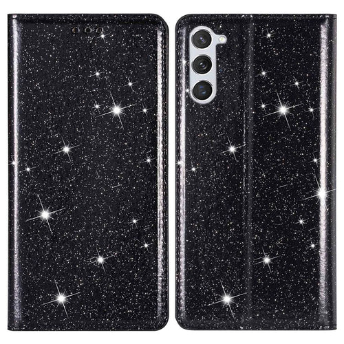 For Samsung Galaxy S23 Glitter Sequins PU Leather Phone Case Card Holder Shockproof Stand Cover - Black - 1