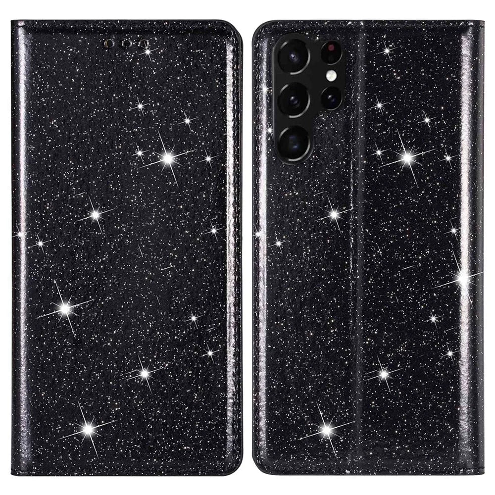 For Samsung Galaxy S23 Ultra Glitter Sequins PU Leather Shockproof Cover Magnetic Auto Closing Phone Stand Case with Card Slot - Black - 1