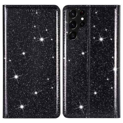 For Samsung Galaxy S23 Ultra Glitter Sequins PU Leather Shockproof Cover Magnetic Auto Closing Phone Stand Case with Card Slot - Black - 1