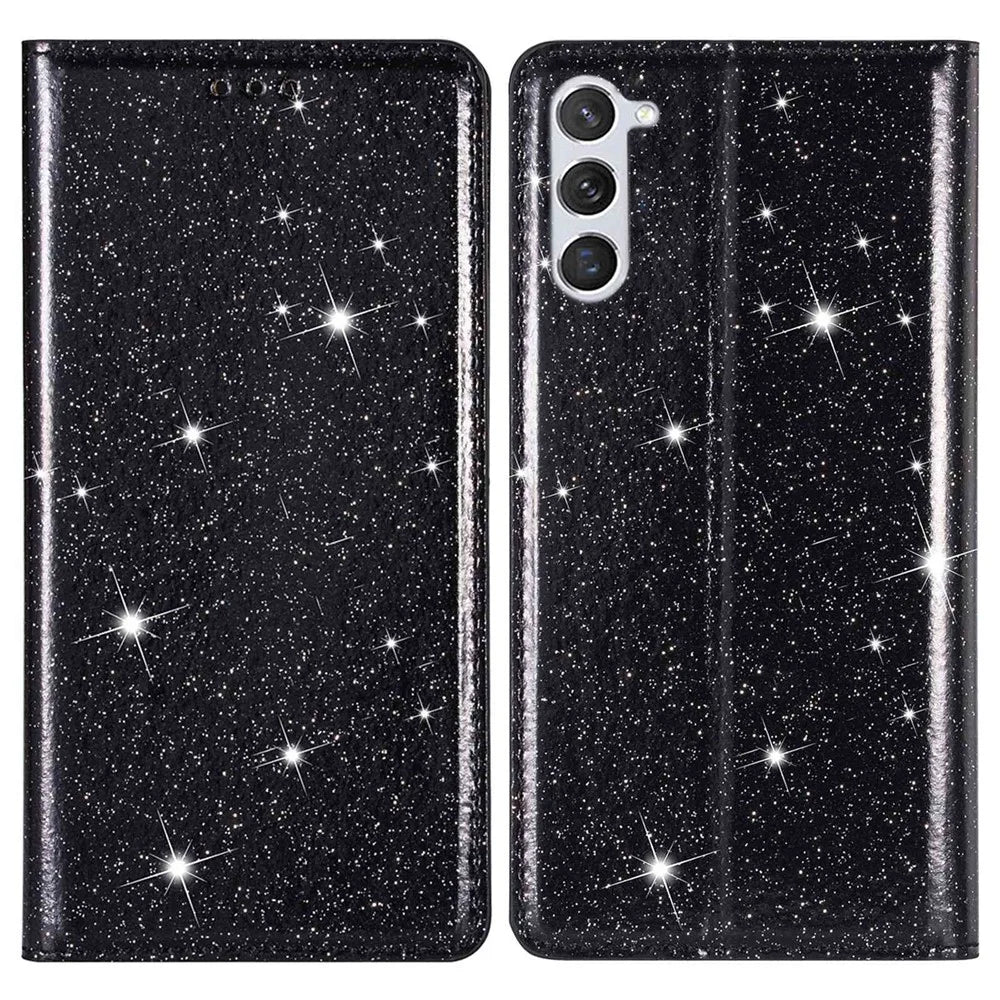 For Samsung Galaxy S23+ Glitter Sequins Foldable Stand Phone Case PU Leather Card Holder Anti-drop Cover - Black - 1