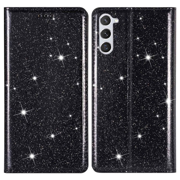 For Samsung Galaxy S23+ Glitter Sequins Foldable Stand Phone Case PU Leather Card Holder Anti-drop Cover - Black - 1