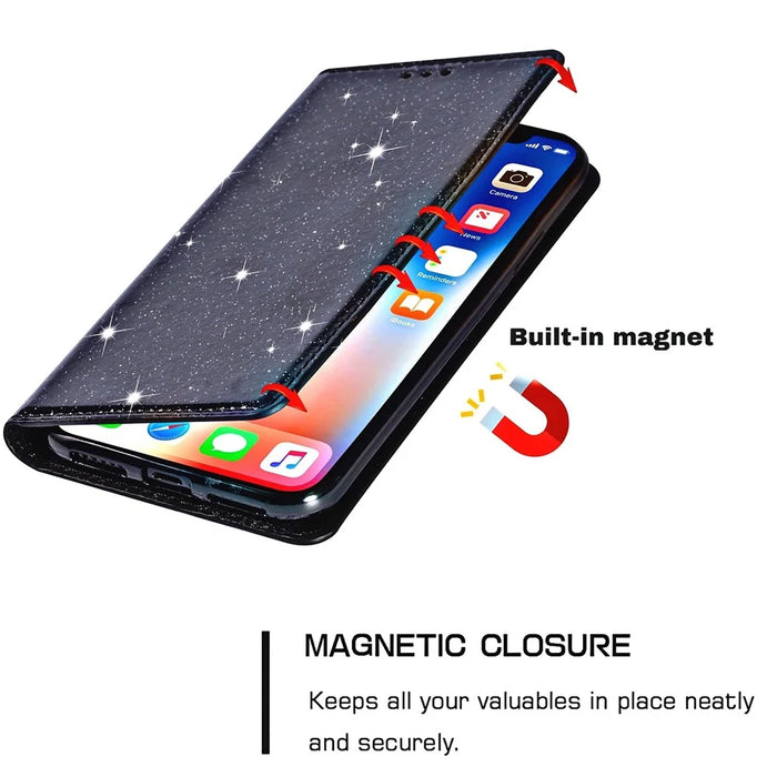 For Samsung Galaxy S23+ Glitter Sequins Foldable Stand Phone Case PU Leather Card Holder Anti-drop Cover - Black - 4