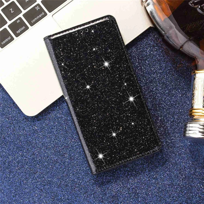 For Samsung Galaxy S23+ Glitter Sequins Foldable Stand Phone Case PU Leather Card Holder Anti-drop Cover - Black - 6