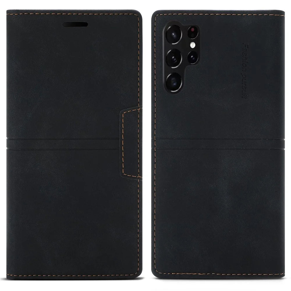 For Samsung Galaxy S23 Ultra PU Leather Wallet Case Magnetic Auto-absorbed Phone Drop-proof Cover with Stand - Black - 1