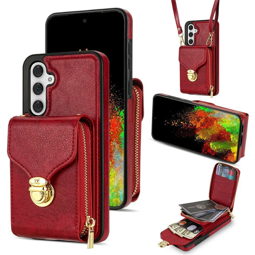 For Samsung Galaxy S26 Case Zipper Wallet Leather + TPU Phone Cover with Strap - Red - 1