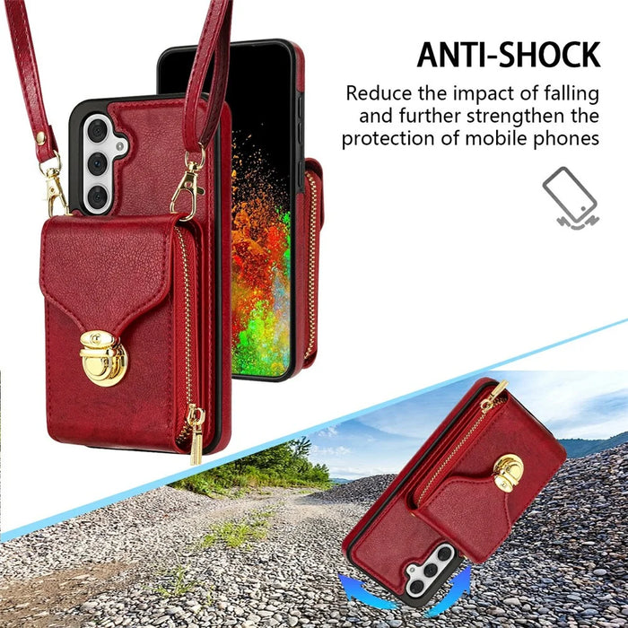 For Samsung Galaxy S26 Case Zipper Wallet Leather + TPU Phone Cover with Strap - Red - 6