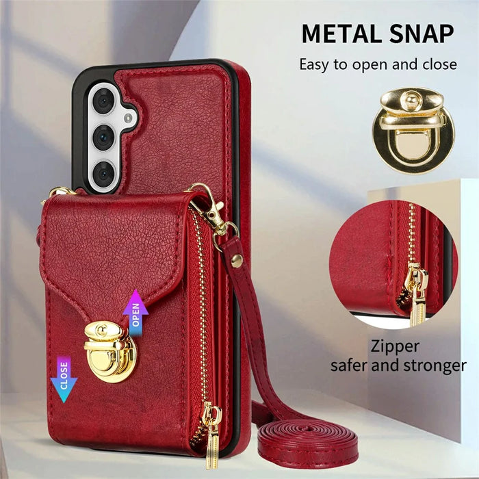 For Samsung Galaxy S26 Case Zipper Wallet Leather + TPU Phone Cover with Strap - Red - 7