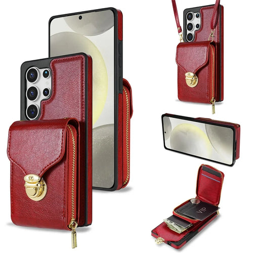 For Samsung Galaxy S26 Ultra Case Zipper Wallet Leather + TPU Phone Cover with Strap - Red - 1