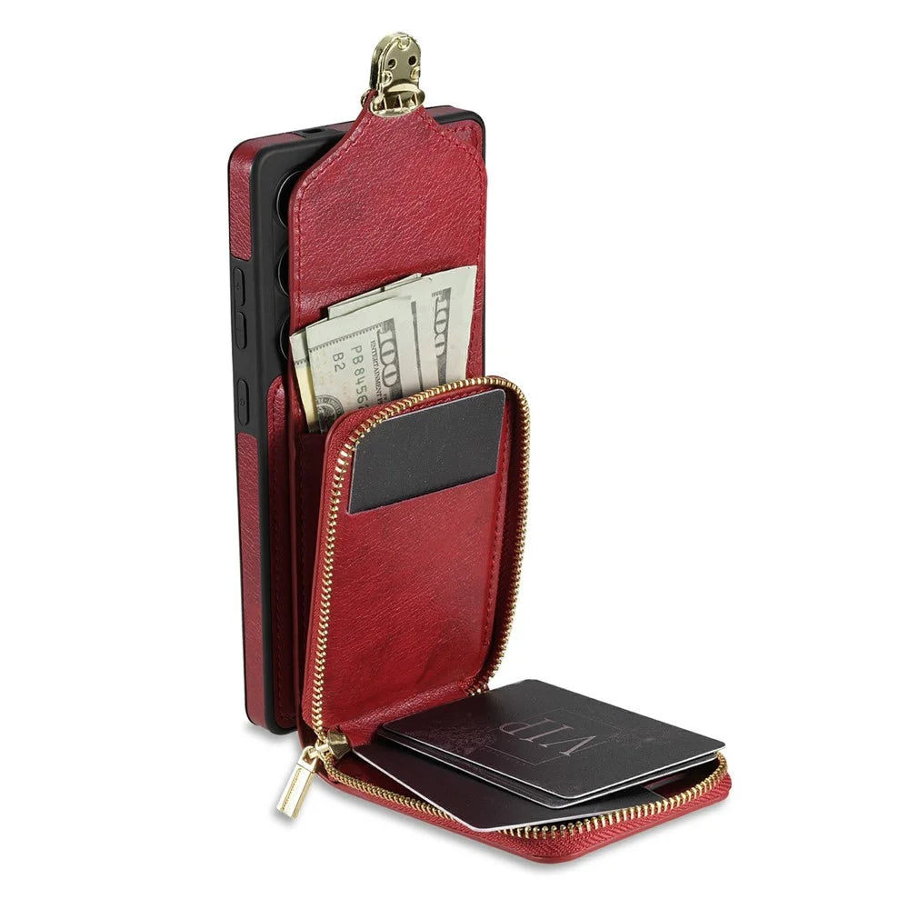 For Samsung Galaxy S26 Ultra Case Zipper Wallet Leather + TPU Phone Cover with Strap - Red - 4