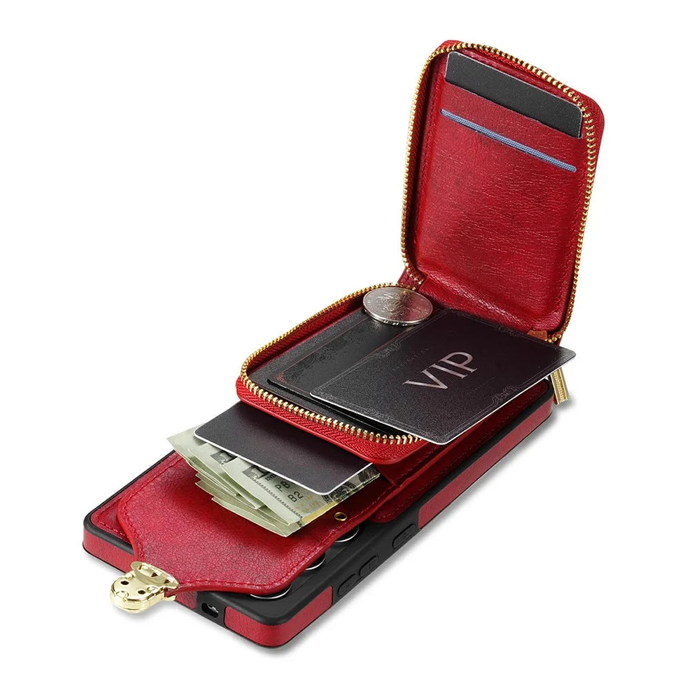 For Samsung Galaxy S26 Ultra Case Zipper Wallet Leather + TPU Phone Cover with Strap - Red - 5