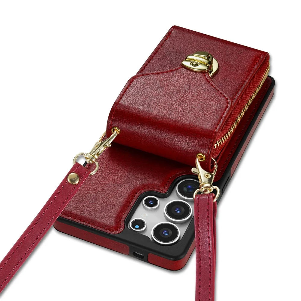For Samsung Galaxy S26 Ultra Case Zipper Wallet Leather + TPU Phone Cover with Strap - Red - 6