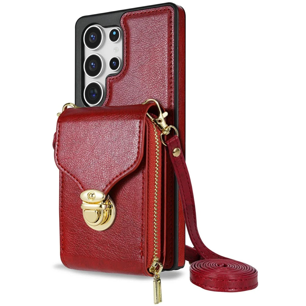 For Samsung Galaxy S26 Ultra Case Zipper Wallet Leather + TPU Phone Cover with Strap - Red - 7