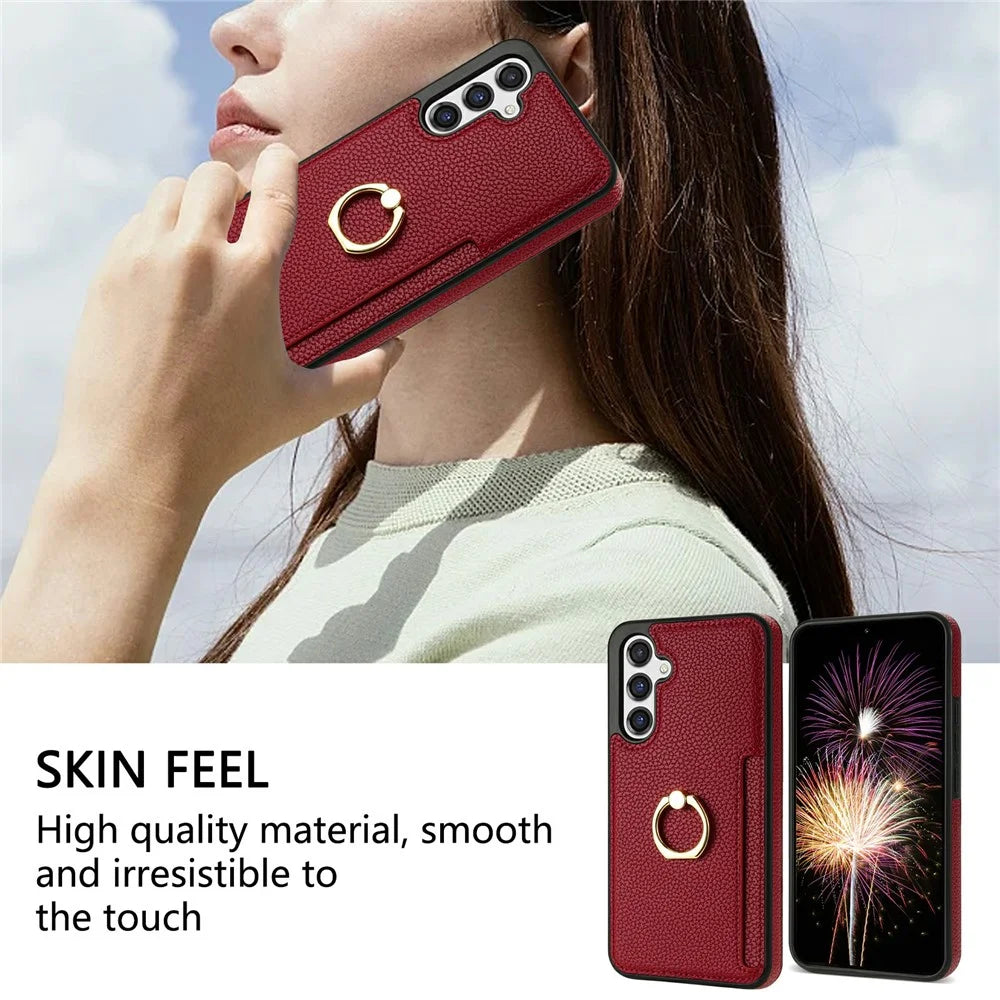 For Samsung Galaxy S26 Case Ring Kickstand PU + TPU Card Holder Phone Cover - Red - 6