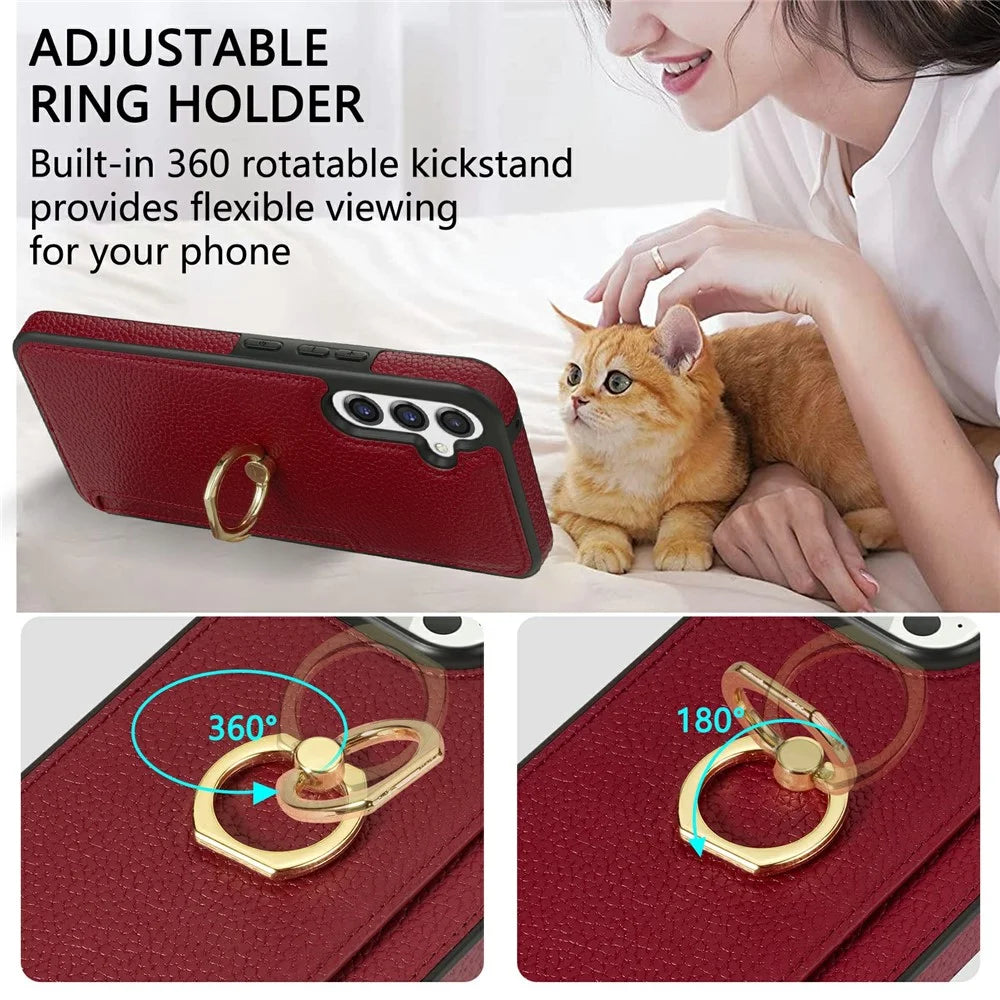 For Samsung Galaxy S26 Case Ring Kickstand PU + TPU Card Holder Phone Cover - Red - 7