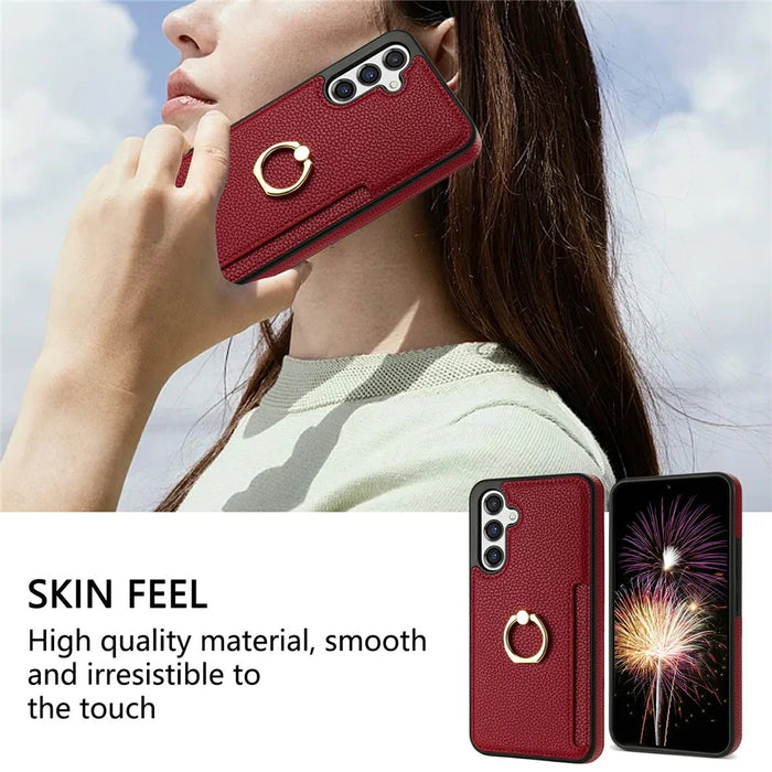 For Samsung Galaxy S26+ Case Ring Kickstand PU + TPU Card Holder Phone Cover - Red - 6