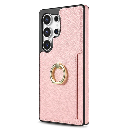 For Samsung Galaxy S26 Ultra Case Ring Kickstand PU + TPU Card Holder Phone Cover - Pink - 1
